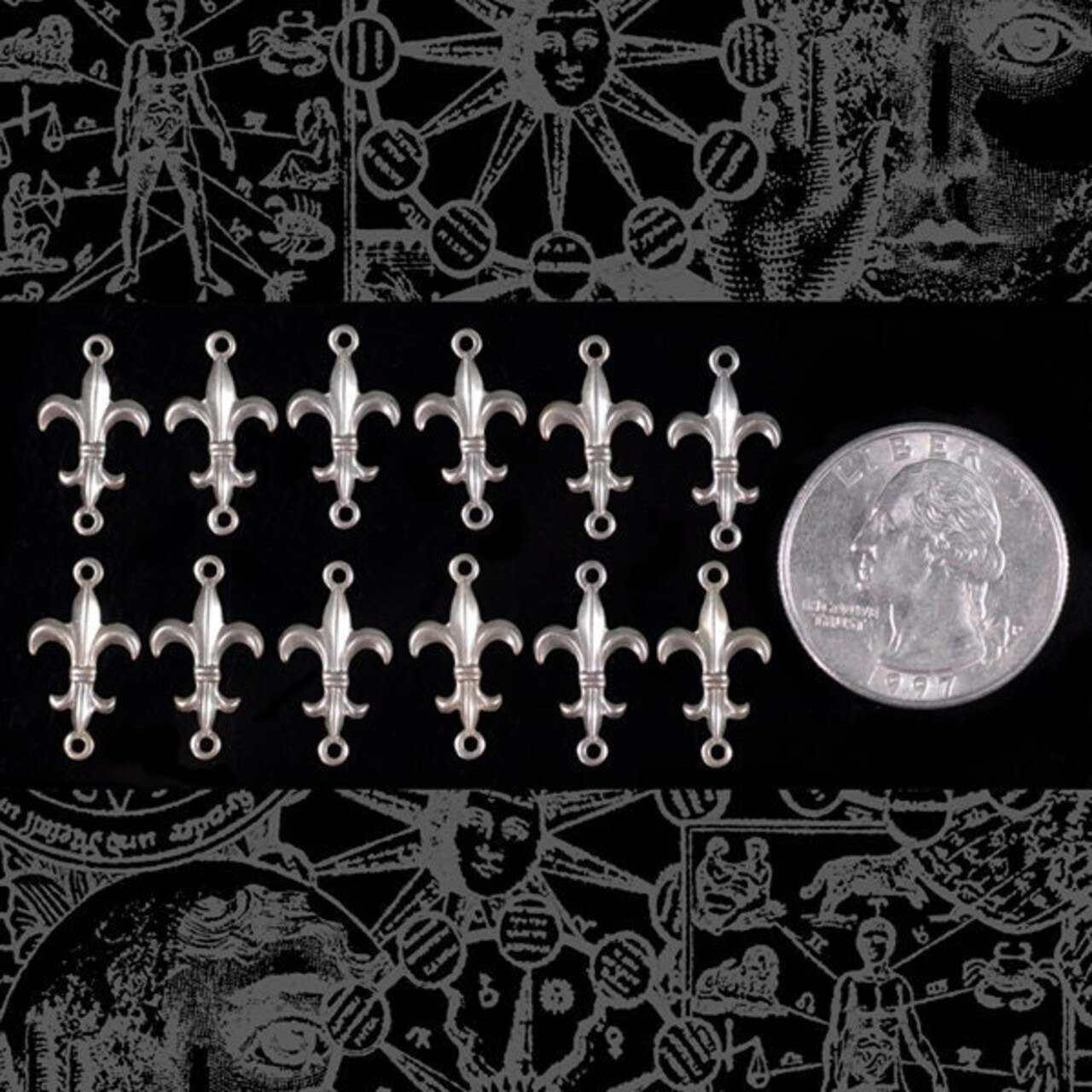 Antiqued Silver Plated Brass Fleur De Lis Connectors - Set of Twelve - S-2C14